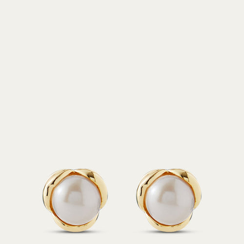 Pair of pearl earrings with gold rims on a light beige background
