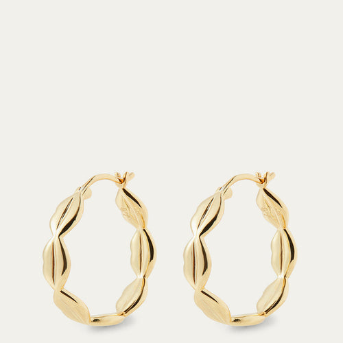 Gold hoop earrings on a light beige background