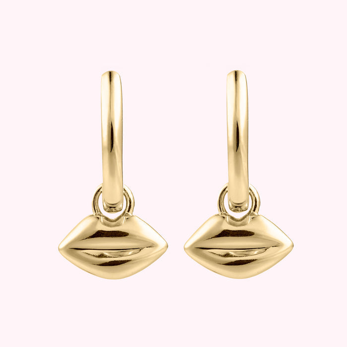 Front image of a pair or gold plated sterling silver hoop earrings with lip charms.