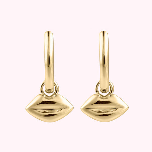 Front image of a pair or gold plated sterling silver hoop earrings with lip charms.
