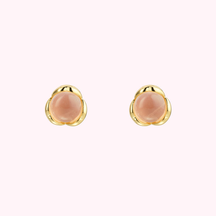 Pair of rose quartz and gold flower stud earrings.