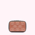 Dusty rose cosmetic bag with a black zipper and lips moulded into the case.