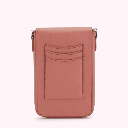 Dusty rose leather crossbody bag with back pocket and silver zipper.