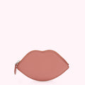 Pink leather lip-shaped coin purse with silver zipper.