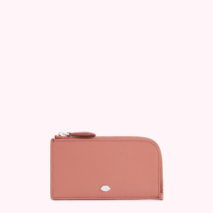 Dusty rose leather zip-around cardholder with silver lip detail against a white background.