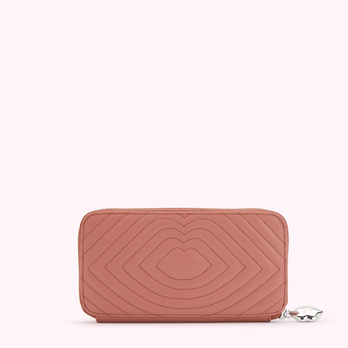 Dusty rose quilted leather wallet with a lip design.