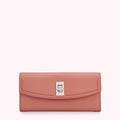 Dusty rose leather wallet with silver clasp.