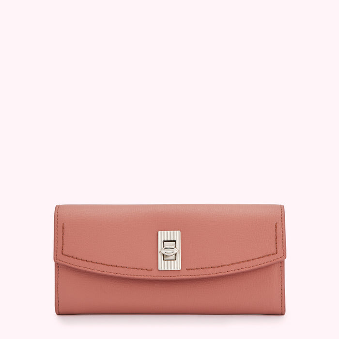 Dusty rose leather wallet with silver clasp.