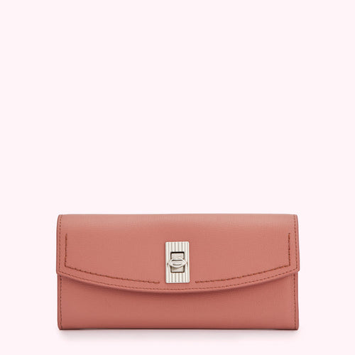 Dusty rose leather wallet with silver clasp.