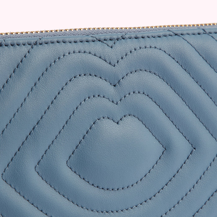 Close-up of a blue quilted leather purse with a gold zipper.
