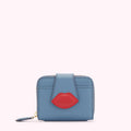 Blue leather wallet with a red lip detail.
