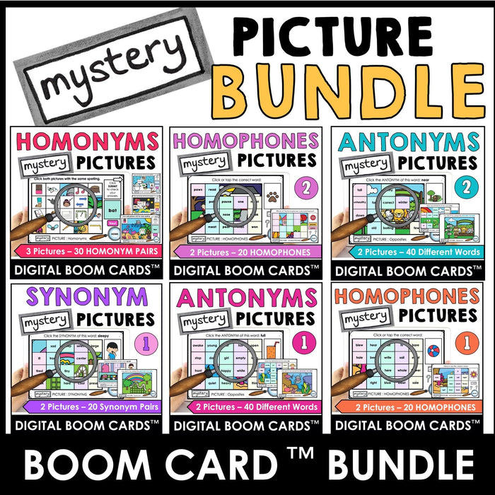 Antonym, Synonym, Homophone, Homonym Mystery Picture Boom Cards™ BUNDLE - Hot Chocolate Teachables