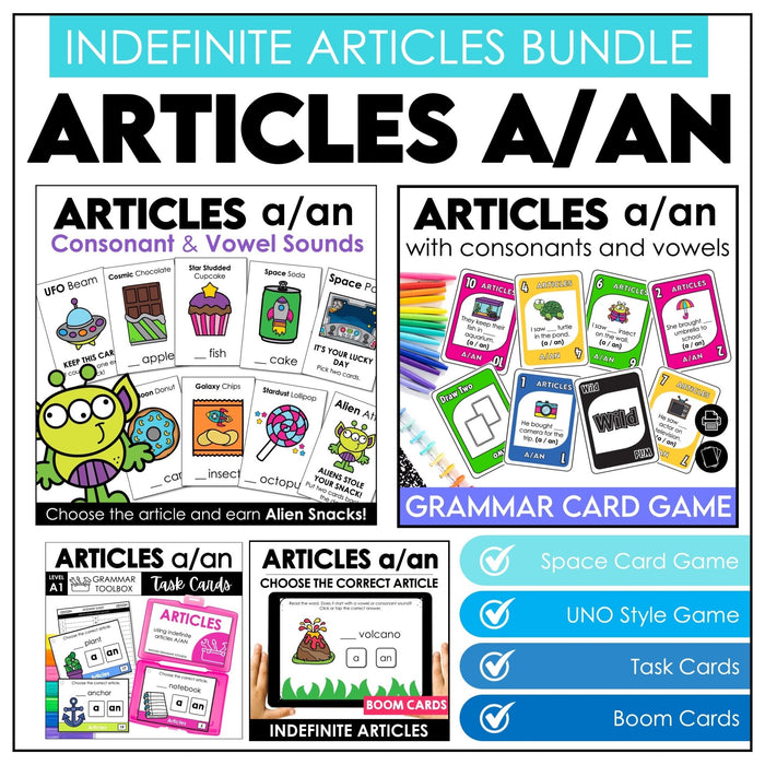 Articles A / An Bundle – Indefinite Articles Activities, Card Games & Task Cards (ESL) - Hot Chocolate Teachables
