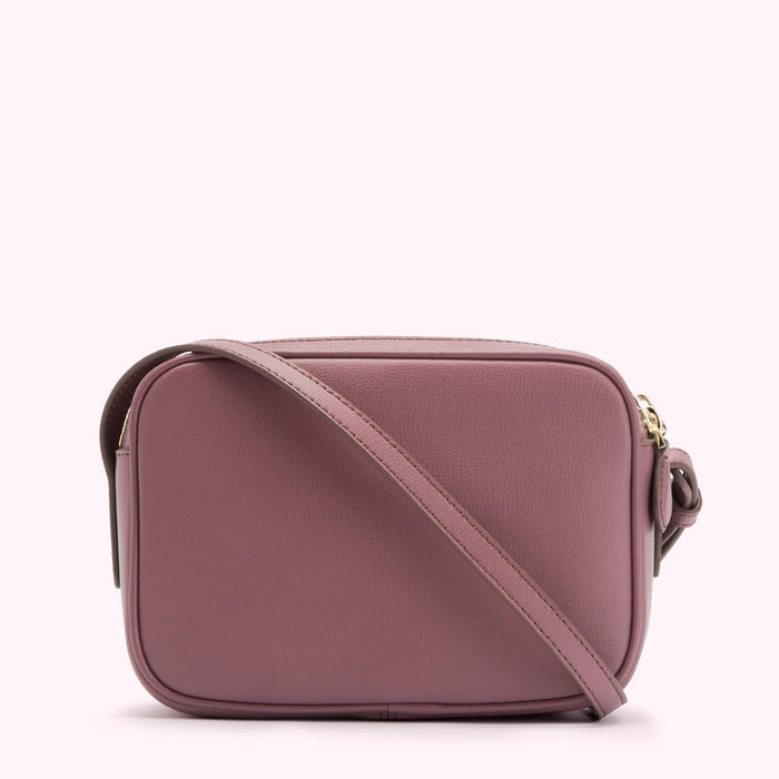 Dusty rose leather crossbody bag with gold hardware.
