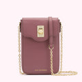A mauve leather crossbody bag with a gold chain strap and a gold lip-shaped clasp. The bag has the Lulu Guinness logo on the front. The background is white.