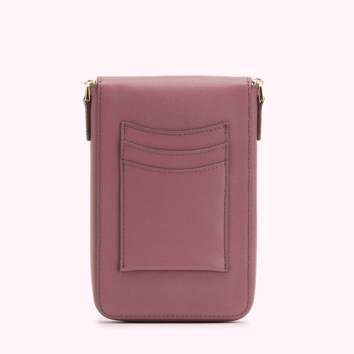 Dusty rose leather phone crossbody bag with multiple card slots.