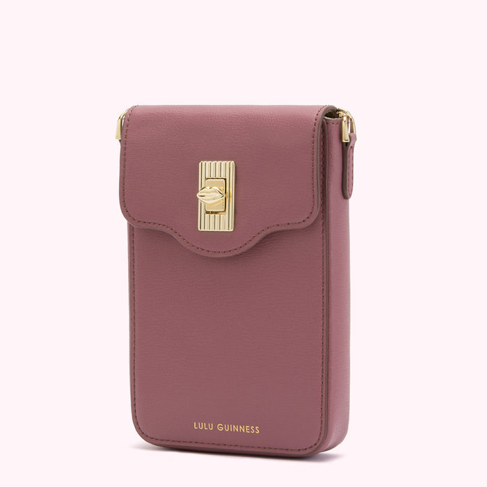 Dusty rose Lulu Guinness crossbody phone bag with gold clasp.