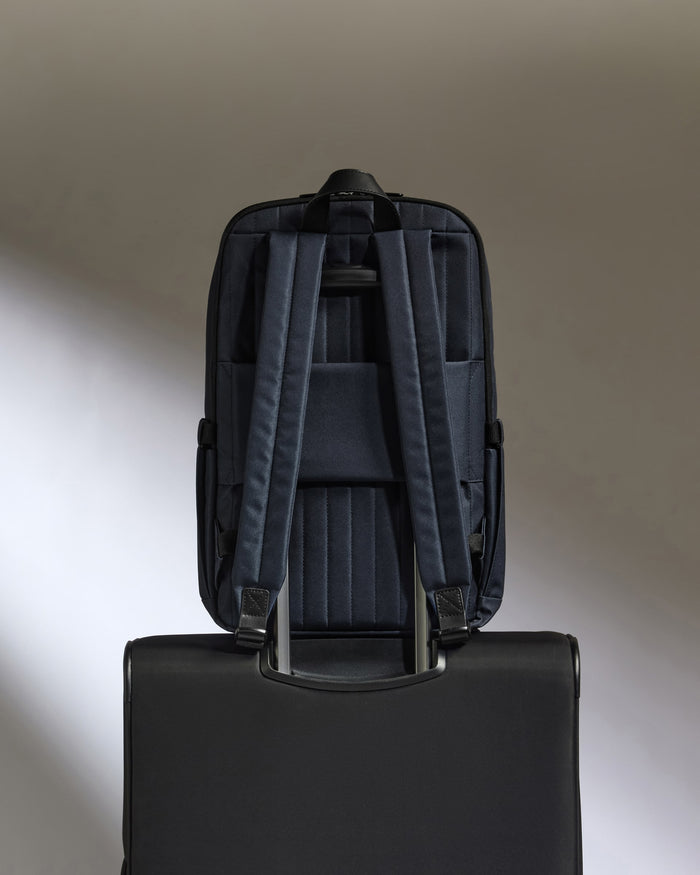 a backpack on top of a suitcase