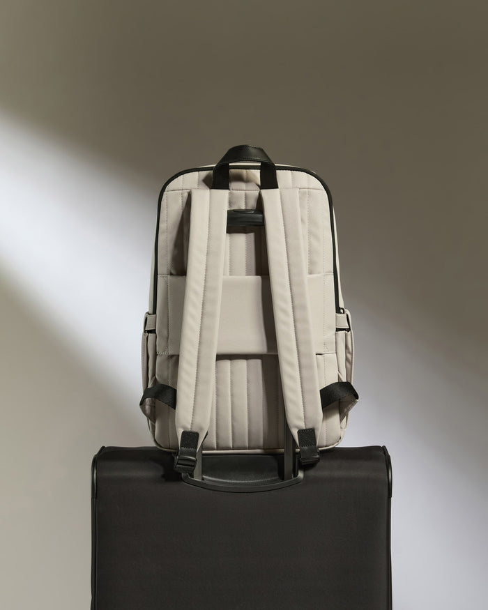 a backpack on top of a suitcase