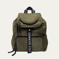 Green backpack with 'Lulu Guinness' branding on a white background