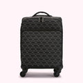Black carry-on suitcase with a quilted pattern of white lips.