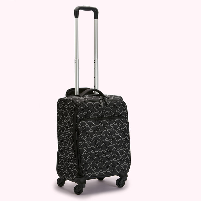 Black carry-on suitcase with a lip print pattern and silver handle.