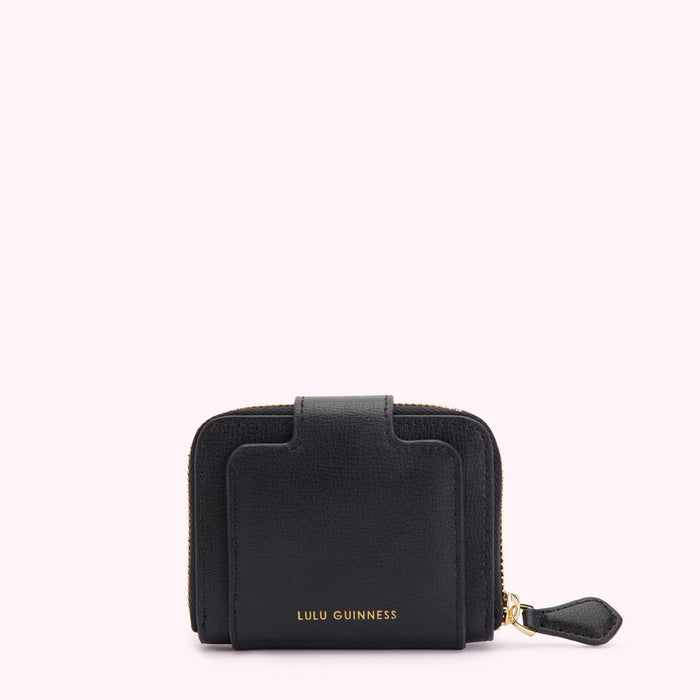 Black Lulu Guinness zip-around wallet against a white background.