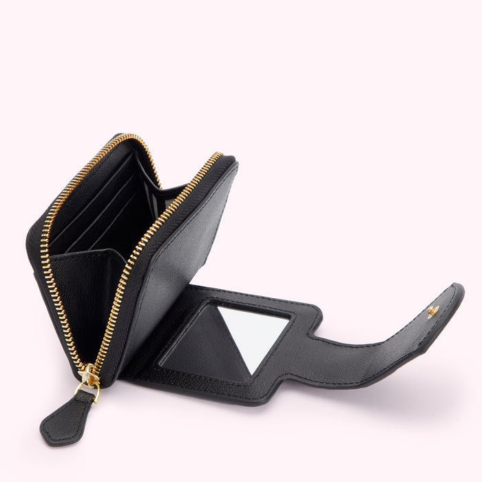 Black leather zip-around wallet with a built-in mirror, open to show the interior compartments.