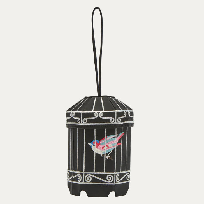 Black birdcage-shaped bag with embroidered bird.