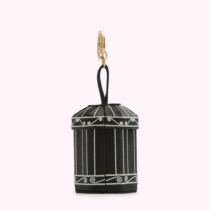 Black birdcage-shaped keychain with silver detailing against a white background.