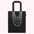 Black tote bag with a graphic of a pearl necklace and the text "Put on your Pearls".