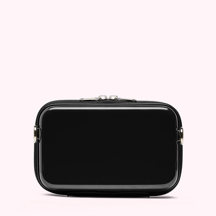 Black rectangular zippered bag on white background.