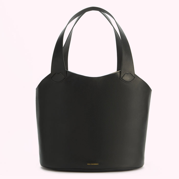 Black Lulu Guinness tote bag on a white background.