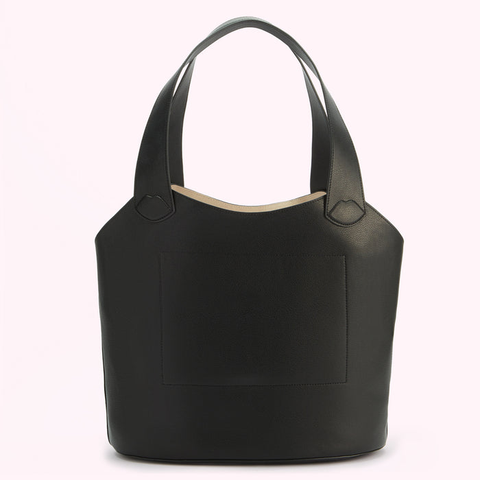 Black leather tote bag with a beige interior and a small front pocket.
