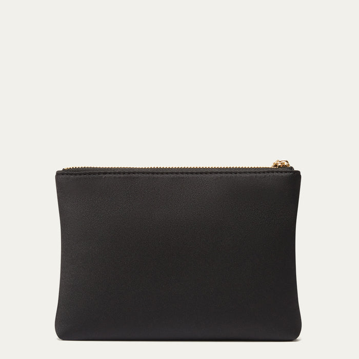 Black pouch with a gold zipper on a light grey background