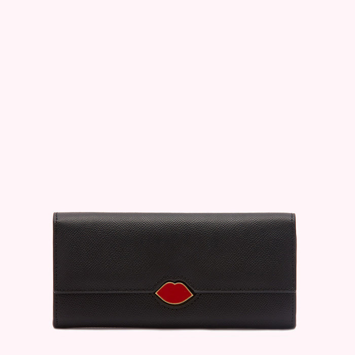 Black leather wallet with a red lip detail.