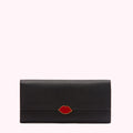 Black leather wallet with a red lip detail.