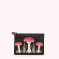 Black satin pouch with embroidered red and white mushrooms.