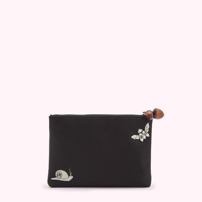 Black pouch with embroidered bee and snail, wood zipper pull.