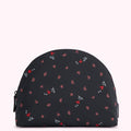 Black half-moon shaped cosmetic bag with a repeating pattern of red hearts, pink lips, and the text "I love Lulu" in white.