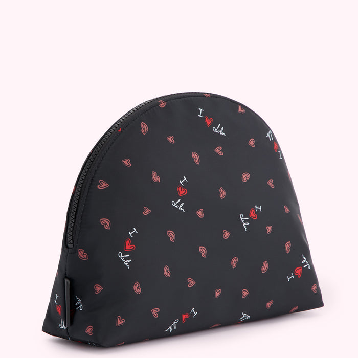 Black half-moon shaped makeup bag with a repeating pattern of red lips and "I love Lulu" text.