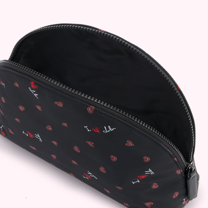 Black cosmetic bag with red hearts and "I love Lulu" print.