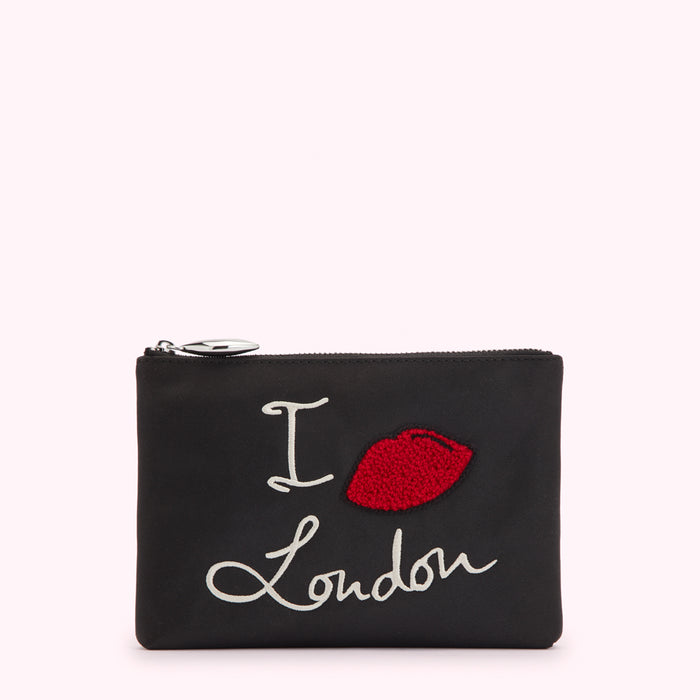 Black zippered pouch with embroidered "I love London" design; the heart is a red lip.