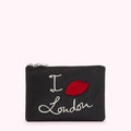 Black zippered pouch with embroidered "I love London" design; the heart is a red lip.