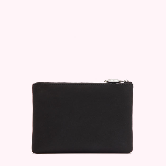 Black zippered pouch on white background.