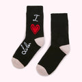 Pair of black ankle socks with a pink heel and toe, featuring a red heart and the text "I love Dub" in a stylized font.