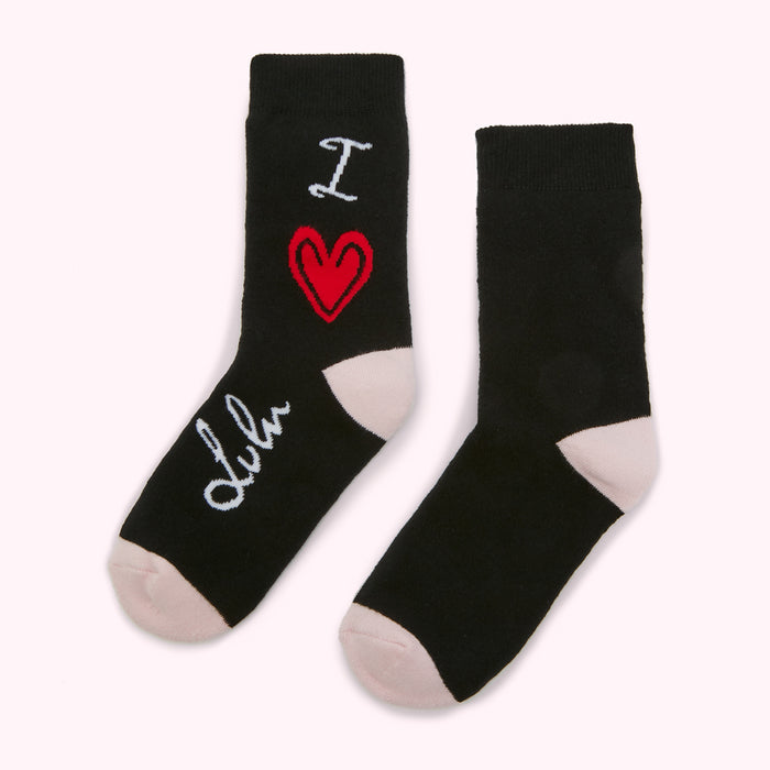 Pair of black ankle socks with a pink heel and toe, featuring a red heart and the text "I love Dub" in a stylized font.
