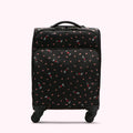 Black carry-on suitcase with a repeating pattern of red lips and "I love Lulu" text.