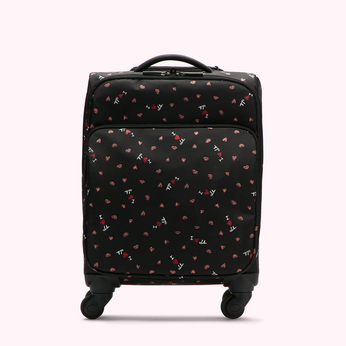 Black carry-on suitcase with a repeating pattern of red lips and "I love Lulu" text.