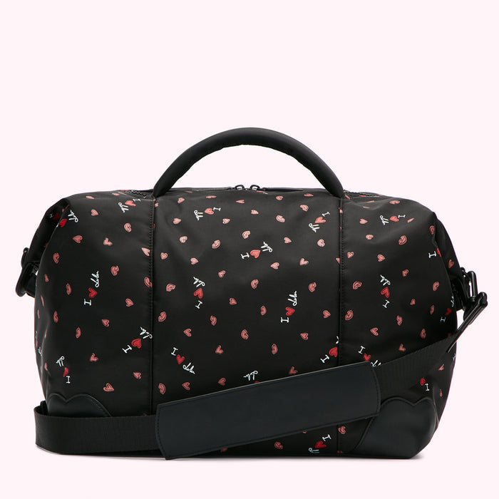 Large black bag with a repeating pattern of red hearts and "I love Lulu" text.